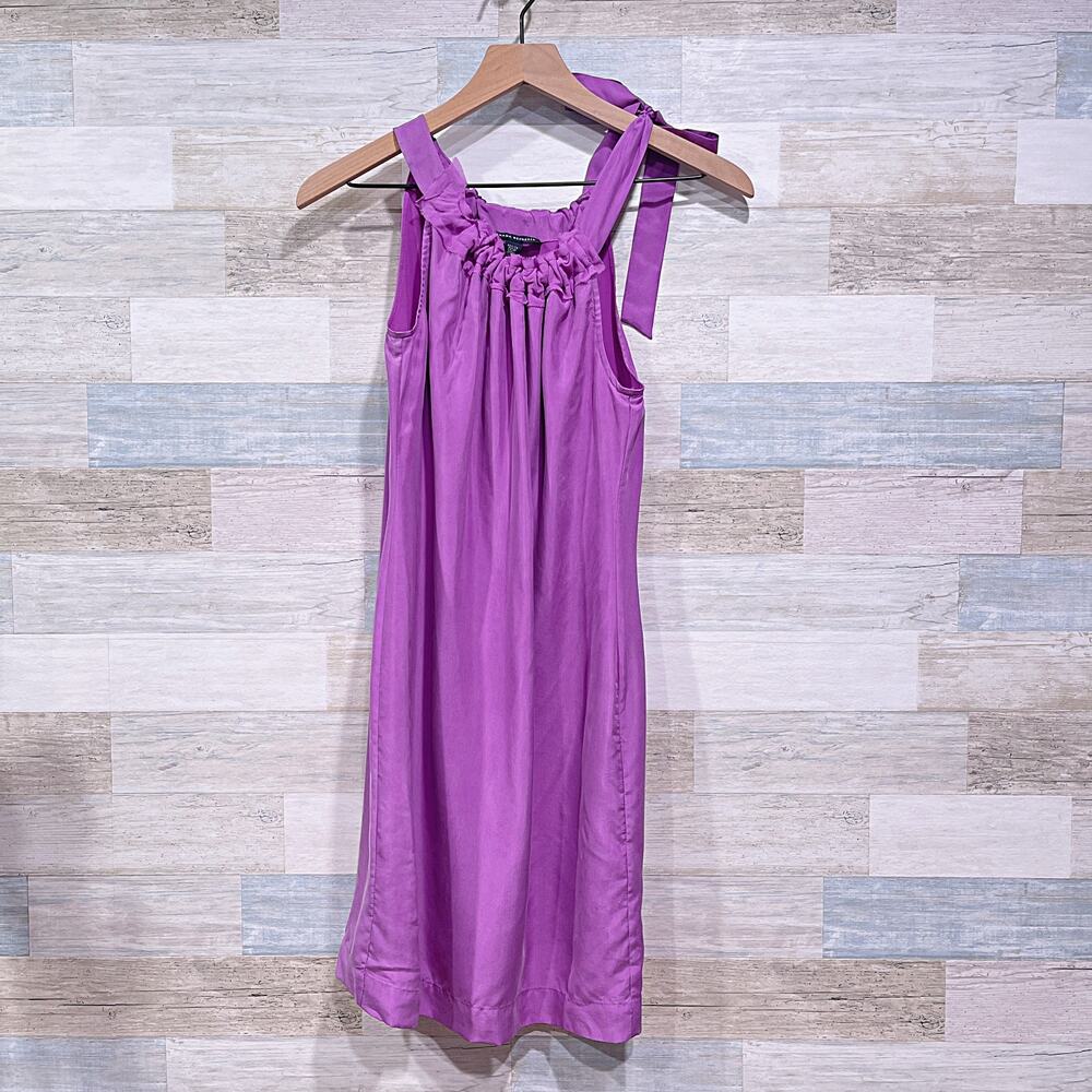 Banana Republic 100% Silk Ruched Bow Halter Dress Purple Womens 00P 00 Petite
